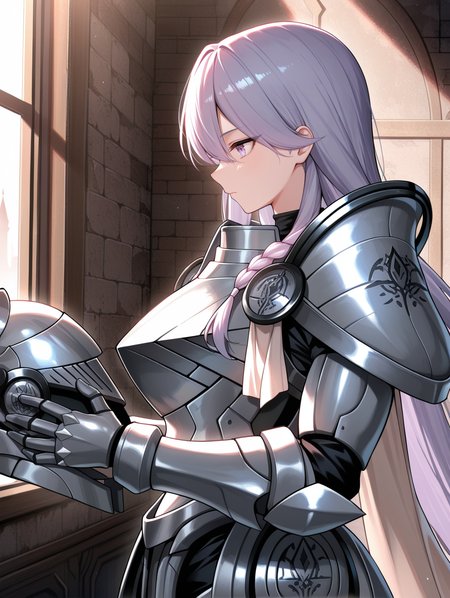 dogmatika fleurdelis,1girl,silver knight armor,solo,silver armored gauntlets,wall,holding helmet,headwear removed,closed mouth,from side,standing,silver shoulder armor,white waist cape,shadow,indoors,castle,
masterpiece,best quality,amazing quality,very aesthetic,absurdres,newest,<lora:Dogmatika Fleurdelis & Ecclesia the Virtuous illuXL v1:0.75>,