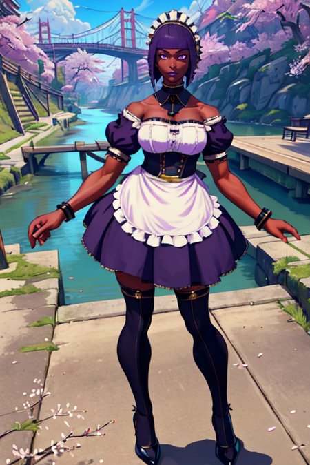 masterpiece,best quality,extreme detail,8k,<lora:menat-10:0.8>,menat2,1girl,solo,breasts,short hair,thighhighs,dress,purple hair,black thighhighs,dark skin,water,apron,high heels,dark-skinned female,wrist cuffs,maid,maid headdress,petals,detached collar,cherry blossoms,bridge,river,