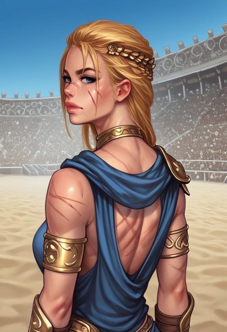 1girl, (((back view))), illustration, highly detailed, skinny, model body, looking at viewer, 1girl, masterpiece, best quality, femgladiator, scar, bloody, dynamic pose, <lora:Gladiator_F_For_Honor:0.9>
BREAK
(((((Bestiary gladiator armor, scars on face))))), ((((dynamic pose))))
long hair, blonde hair, big hair, blue eyes,
(((a short soft tunic, arms and legs bandaged with tight bandages)))
best quality, depth of field, bokeh, (((full clothed))), 
BREAK 
((((outdoor, gladiator arena, sand, colosseum, scars on body, bloody:1.2)))) score_9, score_8_up, score_7_up, score_6_up, source_cartoon, rating_explicit, Expressiveh, ((((upper body))))), dynamic pose,