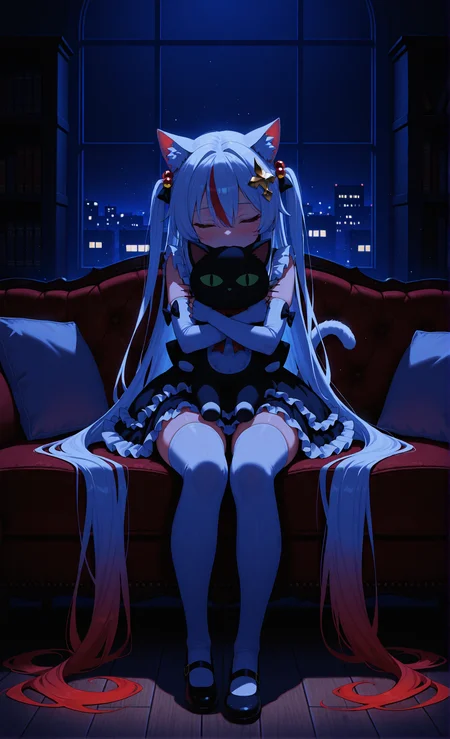 masterpiece, sharp detail, intricate detail, 1girl, white hair, solo, absurdly long hair, looking at viewer, blush, bangs, shirt, golden hair ornament, elbow gloves, fingerless gloves, <lora:hotarueye_xl_closed3_v10:1> closed eyes, dress, bow, animal ears, hair between eyes, sitting, red hair, tail, white shirt, gradient hair, frills, cat ears, two side up, streaked hair, cat tail, animal ear fluff, black bow, dress, thighhighs, mary janes, one side up, stuffed toy, frilled dress, stuffed animal, frilled skirt, hair bobbles, cat girl, object hug, stuffed cat, chiaroscuro, volumetric lighting, dappled light, light particles, dramatic shadows, cinematic lighting, detailed background, light and shadow contrast,  indoors,  on sofa, night, huge window, city outside, bookshelf, wooden floor,   <lora:darkness_xl_v20:0.7>