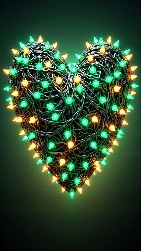 A beautiful render of a ChristmasLightsStyle heart. Covered in Columbia Green christmas lights, tangled wires all wrapped up
<lora:ChristmasLightsStyleFlux:0.9>