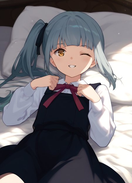 score_9, score_8_up, score_7_up, masterpiece, best quality, absurdres, official art, official style, (anime screencap, megami magazine:1.2), zPDXL2, zPDXLxxx, <lora:Shibafu_Style_Pony_v1:0.7>, 1girl, solo focus, shibafu_style, <lora:kasumi-07:0.8>, kasumikainiKC, long hair, shirt, long sleeves, dress, ribbon, hair ribbon, white shirt, black dress, side ponytail, red ribbon, black ribbon,pinafore dress, <lora:neg4all_bdsqlsz_xl_V91:1.0> <lora:ALTXL_pony_0061_8:2.0>, <lora:detailed_hands-000002:1>, hand bedroom, on bed, bed sheet, morning, dim lighting, light particles, on back, from below one eye closed, parted lips, smile, looking at viewer,