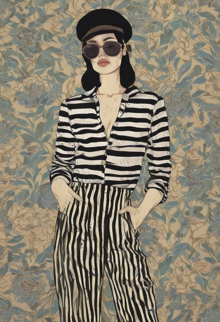 Front profile half body illustration, at a party, a punk 80's Asian model woman with a 50's beret, Long black hair, Momo Yaoyorozu, in a minimal round striped pattern denim jumpsuit and large sunglasses, 80 degree view, art by Sergio Lopez, Natalie Shau, James Jean, Salvador Dali, and an emo 2000's European man., <lora:Vintage_vibes:1>