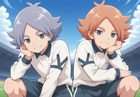 masterpiece,best quality,amazing quality, source_anime, 
2boys, brothers, looking at viewer, smile,
alpine soccer unifor, shirt, white shirt, long sleeves, shorts, grey shorts, 

FubukiAtsuya, 1boy, male focus, grey eyes, orange hair, BREAK

fubukishirou, 1boy, male focus, grey hair, parted bangs, grey eyes, BREAK

outdoor, sky, day, clouds,