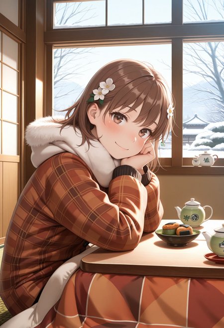 masterpiece,amazing quality,best quality,ultra-detailed,
from side, warm scenery,
 <lora:Misaka Mikoto :1> 1girl, brown hair, brown eyes, medium hair, hair flower, winter clothes, tea, kotatsu, low table, small japanese teapot, green tea, senbei, smile, blush, looking at viewer