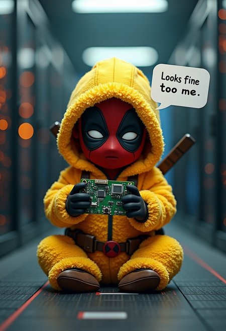A baby deadpool wearing a yellow fluffy jumpsuit with hood playing with a circuit board, server room, a floating message saying "Looks fine too me"