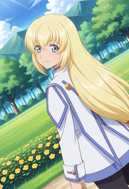 grass, day, flowers, trees,
BREAK,
light smile,  looking back,
cowboy shot, dynamic angle, from behind,
BREAK,
<lora:coletteXL_illustriousXL_v01:0.9>
colettedef, blonde hair, blue eyes, long hair, hair between eyes,
blue trim, white robe,
pantyhose,, source_anime, very aesthetic, anime coloring, masterpiece, 
best quality, amazing quality, ultra detailed, very aesthetic, 
detailed background, 
BREAK,