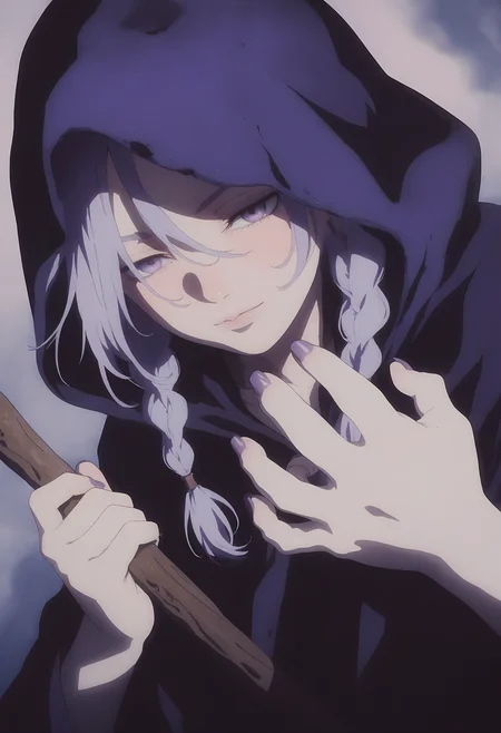 LDSCH, aesthetic, , masterpiece, best quality, absurdres, very aesthetic, highres, very awa,
1girl, face focus, twin braids, dutch angle,  light smile,  fog, holding mage staff, hood up, cloak, hand focus, dynamic pose, purple nails, hair between eyes,   <lora:LDSCH_v2:1>