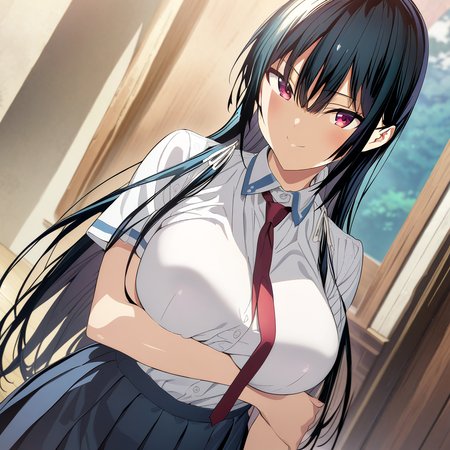 takamine_takane, long hair, black hair, red eyes, bangs, hair between eyes, large breasts, white shirt, red necktie, blue skirt, pleated skirt, cowboy shot, looking at viewer, smile, anime coloring<lora:XL-TakamineTakane:1>, (masterpiece),(best quality),(ultra-detailed),(best illustration),(best shadow),(absurdres),(detailed background),(very aesthetic),