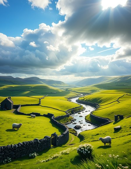 A breathtaking, high-resolution photograph of the rolling plains of Ireland, stretching endlessly under a vast, cloud-streaked sky. The landscape is a lush, vibrant green, with gentle hills covered in soft grass and dotted with scattered wildflowers. Ancient stone walls and winding dirt paths cut through the fields, marking old farmland boundaries. In the distance, a few solitary sheep graze peacefully, their white wool contrasting against the emerald grass. A small, clear river meanders through the valley, reflecting the soft light of the sky. The horizon is framed by low, misty mountains, adding depth and mystery to the scene. Above, the sky is a mix of bright blue and fluffy white clouds, casting dynamic shadows across the landscape as beams of sunlight break through. The atmosphere is serene, timeless, and rich with the natural beauty of the Irish countryside.
<lora:SDXLFaeTastic2400:0.4> <lora:extremely_detailed:0.4> extremely detailed, <lora:rolling_plains_of_1r3l4nd:1>,rolling plains of 1r3l4nd, Masterpiece,best quality,hi res,8k,hi res,8k,award winning,(sharp focus, intricate, highly detailed),