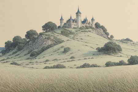 masterpiece, beautiful, 4k, high quality, ArsMJStyle, realism a rugged medieval landscape Colored pencil hyperdetailed portrait, large open fields, tree, a lords manor on top of a hill in the distance, , <lora:HyperdetailedColoredPencilV2SDXL:1.25>