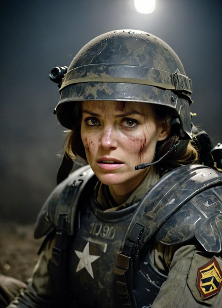 cinematic movie poster, close-up, headshot, uscmc woman sitting in cover at night after battle, warpaint, uniform, helmet, dirty uniform, scratches, dents, heavy used armor, smirk, foggy and dark, dramatic lighting, hard shadows, 
<lora:United_States_Colonial_Marine_Corps_-_Aliens_SDXL:0.8>
