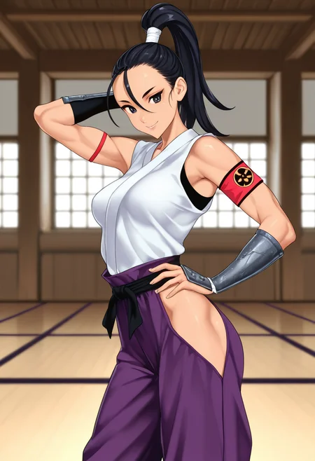 masterpiece, best quality, ultra detailed, solo, 1girl, toned female, skinny, adult, black hair, high ponytail, asian, japanese clothes, red armband, white top, sleeveless, purple pants, hip vents, gauntlets, hand on hip, black eyes, smile, bang, medium breasts, hand behind head, pose, cowboy shot, dojo, k4m1ch1ch1,   <lora:KAMICHICHI_Style_IL:1>