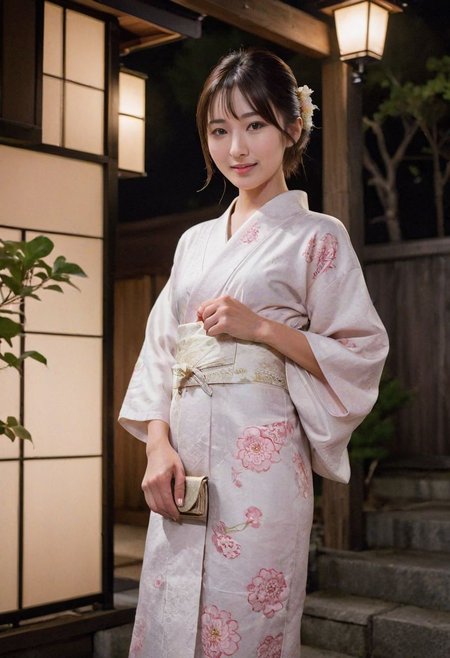 (Night photo:1.2) ,(dark background:1.5),upper body focused shot:1.3,kimono spread :1.20, (on steps by house:1.21),(white laced small panty:1.3),(beautiful real texture :1.3),smile face:1,(royal),nsfw:1.7,10k,(real skin texture:1.3),high resolution,(one 32 years old elegant Japanese slender woman wearing in long kimono:0.994),(163cm tall:1),(small breasts out:1.6) ,(sandals:1.2),(fine wrinkle  :1.),(detailed innocent girls face:1.),(symmetrical eyes:1.1),(black small eyes:1),(small single chignon:1),( at front of Japanese modern house:1.1)