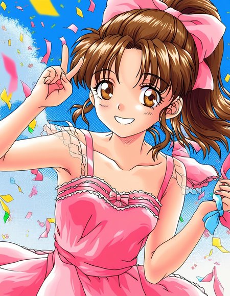 score_9, score_8_up, score_7_up, source_anime, rating_explicit, BREAK   <lora:Nut_Berry_girl_XL:0.9> Nut_Berry_girl, brown hair, brown eyes, ponytail, small breasts, long hair, pink bow, smile,
idol, idol costume, live stage, confetti1 girl, confetti
smile,
looking at viewer, 
cowboy_Shot,