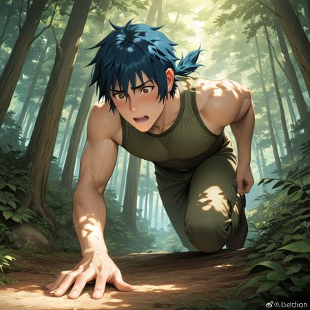 masterpiece, best quality, amazing quality, absurdres, newest, detailed background, definition so sharp, Ultra-HD, 8K cinematic, very awa, impressionate, amazing quality, highres, 
solo, male focus, manly, 
daikakukokujouji, 1boy, short hair, tied hair, low tied hair, lieutenant_pretime, lieutenant_blue hair, lieutenant_brown eyes, climbing, excited expression, but slipping, forest, sunlight, dappled light, energetic, adventurous, clumsy, charming, youthful