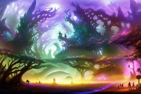 A beautiful fantasy forest landscape with mythical creatures. The atmosphere is mystic and mysterious. The mystical forest is with fog and elf's. FanLand, FanFo