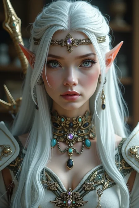 A close-up shot of a female elven archer with white hair cascading over her shoulders, silver eyes that reflect wisdom and strength, and pale gray-white skin. She wears meticulously detailed attire, adorned with luxurious accessories and exquisite jewelry that highlight her noble origins. Her sharp eyes and determined expression convey an aura of unwavering focus. The setting is a richly decorated weapon shop, filled with finely crafted weapons and ornate artifacts. The scene is captured in a hyper-realistic, dreamy fantasy style, with enhanced sharpness and vibrant details that bring out the elegance and intensity of the character.