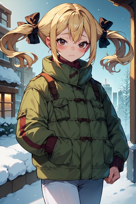 score_9, score_8_up, score_7_up, score_6_up, source_anime, 1girl, solo,  <lora:rnfrau-pdxl-nvwls-v1-000005:1> rnFrau, blonde hair, twintails, brown eyes, hair ribbon, puffy jacket, white pants, winter, snow, looking at you, blush, city