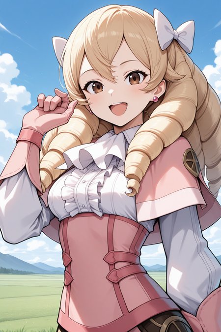 masterpiece, best quality, 1girl, solo, <lora:femaribelle-illu-nvwls-v1-000006:1> mribl, blonde hair, ringlets, long hair, brown eyes, earrings, pink capelet, white ascot, pink shirt, center frills, pink pants, baggy pants, pink gloves, white sleeves, upper body, looking at viewer, happy, open mouth, blue sky, field, clouds, hand up