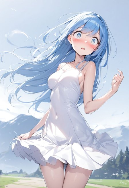 masterpiece, best quality, very aesthetic, absurdres,
1girl, solo, outdoors, heavy wind, wind lift, blown skirt, panty, surprised, blush,
very long hair, blue hair,  middle breasts, skinny, 
, clear eyes,
zmzq