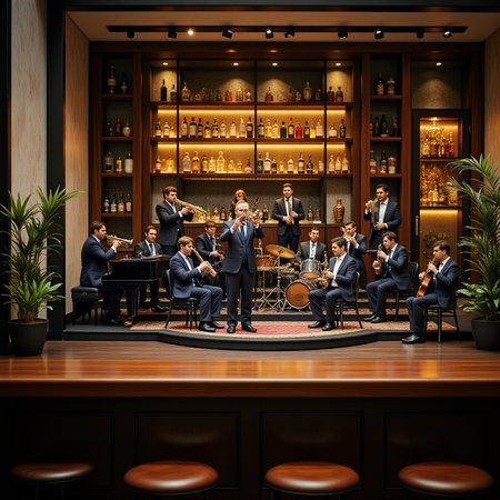A miniature diorama of a big band performing on a stage placed on the counter of a stylish bar. A total of 17 members, dressed in matching suits, sit on a stepped stage. 4 trumpets, 4 trombones, 5 saxophones, piano, bass, drums and guitar. A supreme artistic moment where everyone is immersed in the joy of sound. A magical evening, a conductor, <lora:Flux.1_Turbo_Detailer:0.7>, <lora:Diorama_Flux:0.9>