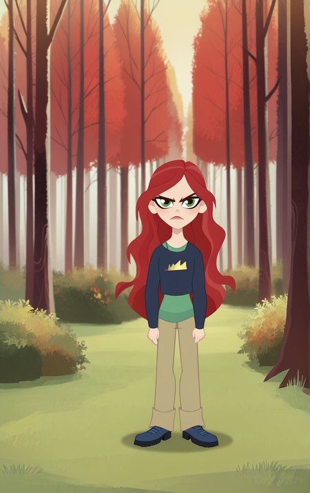((score_9)), score_8_up, ((high quality)), ((masterpiece)) BREAK
  DCSG Style, PamelaI, ((PamelaI Normal)), red hair, pants, looking at viewer, frowning, good anatomy, five fingered hands, forest background<lora:DC_Superhero_Girls_2019:0.8>,<lora:pony_good_hands:0.8>