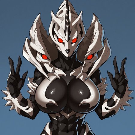score_9, score_8_up, score_7_up, Expressiveh, masterpiece, best quality, highly detailed, realistic, (zPDXL3), 1girl, solo, (MXGZ, big breasts, anthro, alien, monster, kaiju, horn, spikes, bone, red eyes, no pupils, black body, white body, two tone body), upper body, smile, closed mouth, (blue background, simple background), looking at viewer, standing, front view, upper body, muscular female, (peace sign, claws), (((4 fingers)))