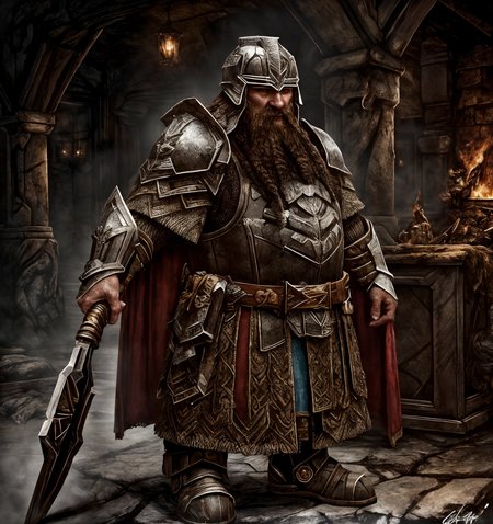 RAW photo, (masterpiece:1.3), subsurface scattering, heavy shadow, (high quality:1.4), (intricate, high detail:1.2), professional photography, HDR, High Dynamic Range, realistic, ultra realistic, photorealistic, high resolution, film photography, ambient lighting, atmospheric effects, <lora:detail_slider_v4:2>, OverallDetail, a dwarf, long beard, wearing intricate armor, DwarAr, <lora:DwarvenArmor:0.68>, belt, blue cape, helmet, in an underground hall with a dwarven forge and furnace, fire, lava, smithy, DwaRe, <lora:DwarvenRealms-10:0.5>, in the style of Tolkien, Middle Earth, Moria, ((perfect hands)), epiCPhoto