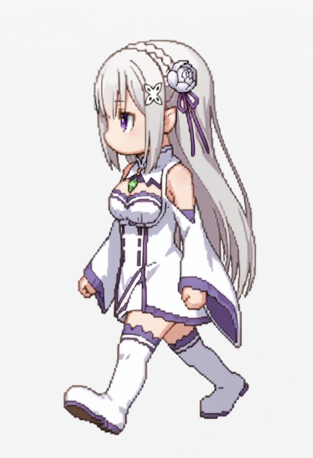 score_9, score_8_up, score_7_up, source_anime,
BREAK
<lora:shiSpriteV3:1.0>, rightwalkright, chibi, full body, looking to the side, from side, 
no mouth, medium breasts,  walking, 
simple background, white background, 
1girl, solo, anime screencap, anime coloring,
<lora:shiEmiliaV2:1> shimilia, long hair, grey hair, purple eyes, pointy ears, crown braid, hair flower, hair ribbon, purple ribbon, x hair ornament, white dress, bare shoulders, wide sleeves, white thighhighs, thigh boots,