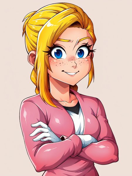 score_9, score_8_up, score_7_up, score_6_up, score_5_up, score_4_up, WitchK1ng, 1girl, portrait, simple background, crossed arms, happy,  <lora:WitchkingStyle-05:1>,  <lora:EmilyA-05 (1):0.9> EmilyA, blonde hair, blue eyes, freckles, braid, pink jacket, gloves