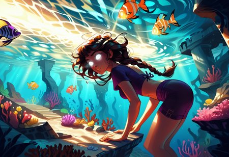 score_9, score_8_up, score_7_up, rating_safe, graphic novel, illustration, best quality, athletic woman, beautiful, braided brown hair, climbing, exquisite ruins, undersea ruins, worm's eye view, underwater caustics, underwater flora, tropical fish, vibrant colors, cinematic, bokeh, depth of field, 128k, UHD, ultra high res, fcDetailPortrait, (glowing white eyes:1.8), light radiating from eyes, light shining from eyes, prismatic light, fFaceDetail, SkinHairDetail, OverallDetail, LightningMagicAI, GlowingRunesAI_purple, WitchcraftPunkAI