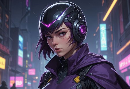 Concept art of a fighting game, female wears cyberpunk cyclops helmet, wears purple cape, volumetric light, detailed <lora:Modern_Cartoon_Style:0.3>,    highly detailed,  vibrant colors , 8k,   sharp,  professional, clear,   high contrast, high saturated, vivid deep blacks, crystal clear