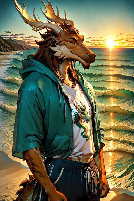 solo, furry, furry male, anthro, anthro moose, anthro tiger, krogan, male krogan, anthro dragon, eastern dragon, antlers, horn, soft smile, hooded jacket, t-shirt, sweatpants, beach, ocean, waves, dawn, standing, watching ocean, sunrise