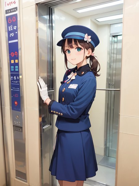 score_9, score_8_up, score_7_up,source_anime, high res image,masterpiece,best quality,girl,cute face,clear skin,shiny hair,ultra detailed eyes,simple background , <lora:elevator girl_pony_V1.0:1> elevator girl, elevator,door,hat, gloves, skirt,  jacket