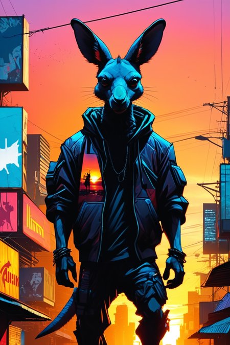 Detailed digital illustration of an anthro Kangaroo (Silhouetted against the sunset, dramatic backdrop) at a Cyberpunk alley with flickering electronic billboards, <lora:xl_more_art-full_v1:0.5>,  <lora:anthro_muscular:0.7>,  <lora:MJ52:0.6>, <lora:madpunk:0.4> madpunk