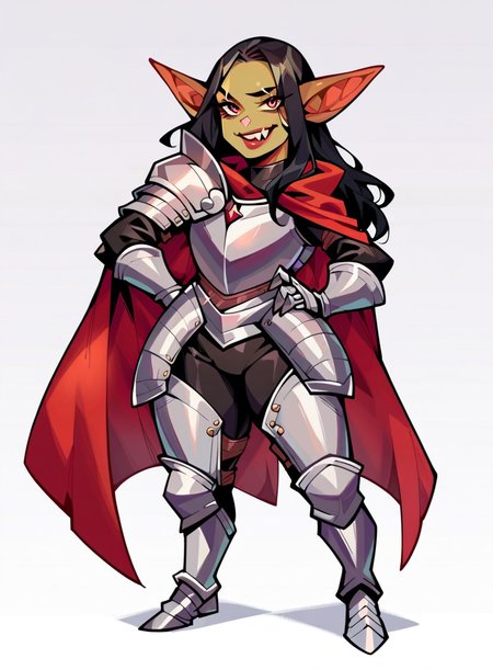 score_9, score_8_up, score_7_up, score_6_up, score_5_up, score_4_up, goblin girl,  ((green skin)), beauty mars, unusual teeth, hand on hip, milf, simple background, beautiful, solo, standing, shortstack, long hair, black hair, armored boots, boots, plate armor, red cape, greaves, fur trim, 5 fingers ,  <lora:Knight Armor:1>