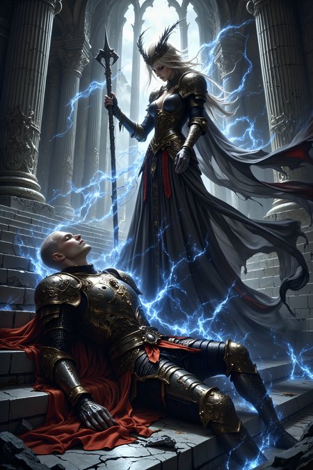 A hyper-realistic portrait, photorealistic photo close-up image of  A middle-aged human knight, with short-cropped blond hair and tanned, battle-worn skin, lies sprawled across the marble steps of a crumbling temple floating in the sky. His once-gleaming, intricately designed armor, etched with swirling gold patterns, is dented and torn from battle, and his crimson cape is draped haphazardly across his broken form. Above him stands a graceful villainess, her ebony hair cascading down her back in intricate braids, her pale, almost translucent skin shimmering in the templeâs otherworldly light. She wears a long, flowing gown made of ethereal black smoke, constantly shifting and swirling around her form, and her head is adorned with a twisted silver crown. In one hand, she clutches a staff of dark crystal, its jagged tip crackling with malevolent energy, while her icy blue eyes regard the defeated knight with cold amusement. As she steps forward, the marble beneath her feet crumbles and reforms, responding to her power, while the sky around the temple shifts from day to night in an instant. The knight struggles to rise, his hand grasping at the shattered remains of his shield, but the villainess extends her staff, pinning him in place with a surge of dark magic. His strength fades, and the heroâs defeat is sealed beneath the ominous gaze of the floating temple. (photography, high-resolution, dynamic, energetic,hyper-realistic, dramatic lighting, shallow depth of field.), MythP0rt<lora:DnDDarkestFantasy:0.5><lora:FluxMythP0rtr4itStyle:0.75><lora:Dever_Flux_Enhancer:0.5><lora:Aura_Flux-000010:0.6>