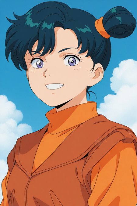 masterpiece, best quality, source_anime,official art,perfect_anatomy,retro_artstyle, 1girl,Martina,blue hair,short hair,side ponytail,hair bun,vest,turtleneck,(beautiful detailed face,looking_at_viewer,grin),upper body,day,blue_sky,cloud