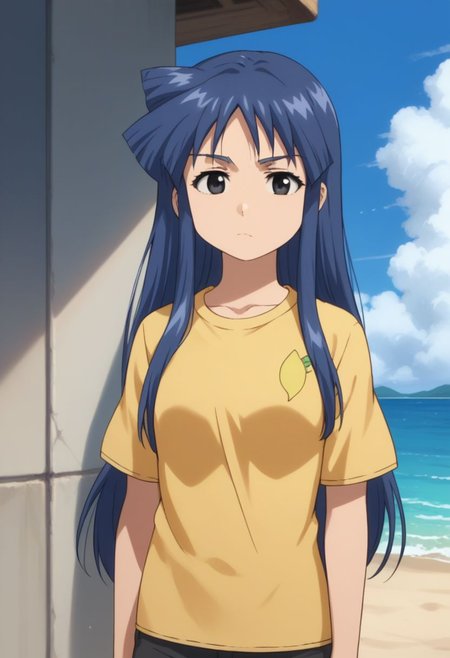 score_9, score_8_up, score_7_up, source_anime, highly detailed,
chizuru, 1girl, solo, black eyes, long hair, blue hair, shirt, serious, short pants, t-shirt, short sleeves, yellow shirt, 
outdoor, beach, sky, cloud.