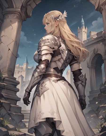 score_9, score_8_up, score_7_up,score_6_up, score_5_up, score_4_up ,1girl, solo, 
large breasts,
noradg,
long hair, blonde hair,green eyes, hair ornament, 
 armored dress, belt boots, shoulder armor, breastplate, armored boots, 
castle, ruins, light particles,  night,
from below,
from behind, profile, 
 <lora:NoraDG_PDXL-v01-000003:1>