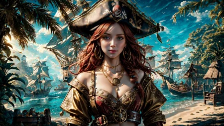 (young redhead pirate woman), (portrait), (parrot:1.2), sharp focus, (ultradetailed), (standing), (happy) smile, pirate (ship galleon:1.2,  hoop earrings, gold medallion, Bear Brownpirate clothes, pirate hat, hips,   pirate (village), leafy beach coast, (treasure chest with coins, gems and jewels:1.2), (rum barrel), best quality masterpiece,  bright sunny sky, backlight, natural lights, high contrast, hdr, shadows, pretty, beautiful, feminine, sexy, adorable, lovely, in love, (PirateDiffusionprt:0.5),  <lora:Pirate:0.3>  PrateT  <lora:PirateRealms:0.3> <lora:Detail Tweaker LoRA add_detail:0.8> <lora:depth_of_field_slider_v1:5> <lora:SDXLrender_v2.0:0.9>
