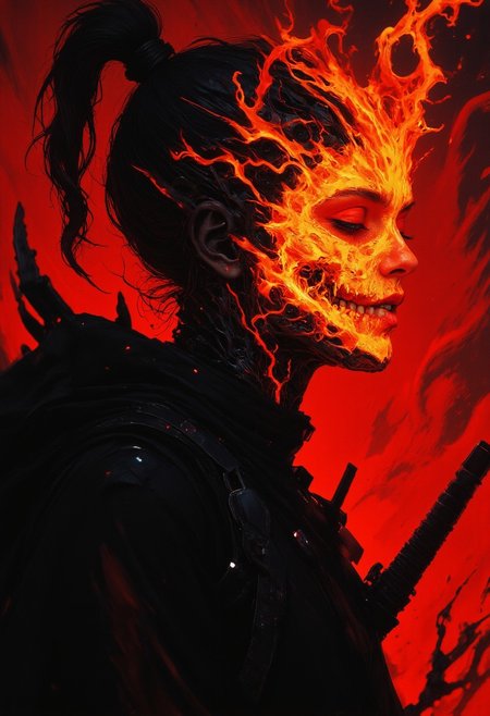 Create a dark, gothic, D4rkCyb3rDyn34n1m3 style surreal digital drawing of a female samurai Ninja in profile, showcasing an exposed head, richly detailed in deep black and grey tones. Ponytail,  The head and neck are engulfed in fiery, ethereal flames, vibrant in orange and red, with glowing electric white accents. These flames are chaotic, splattering and extending beyond the clothing, conveying a sense of intense motion. Woman has a devilish grin, radiating a mischievous charm, as if casting a voodoo spell. Set against a vivid background that sharply contrasts with the dark hues and fiery chaos, the flames appear fluid and dripping, adding dynamic energy to the scene. The composition blends horror, fantasy, and surrealism with bold lines and strong color contrasts.