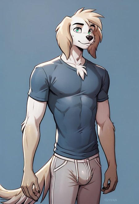 score_9, score_8_up, score_8, 1boy, Sebastian, anthro dog, smooth, highly detailed, perfect, tight T-shirt, grey sweatpants,