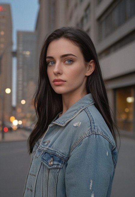 30yo woman posing for pic in front of tall building.
Blue eyes. small perfecteyes 
Wearing ripped Denim jacket red trucker hat
no makeup. Clear skin.  realistic skin style
Long dark black slick back hair. No makeup. Dusk, Street light. Looking at camera POV. Slight smile, tilting head.. Tilt head.
Medium Close Up shot. Bokeh. Bokeh light.