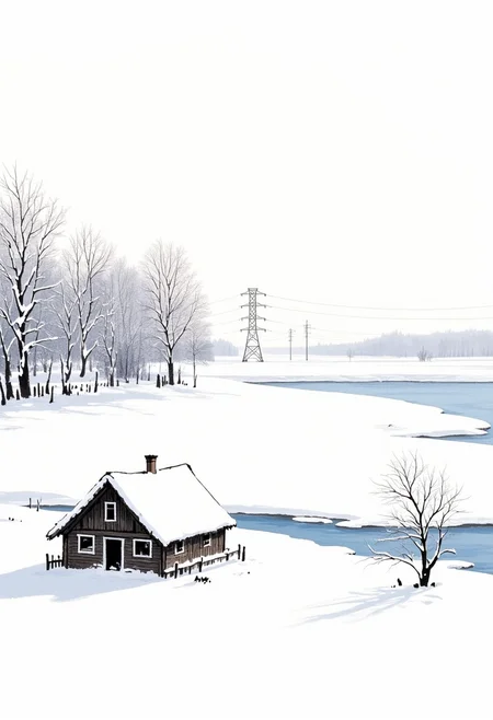 A rural winter landscape featuring a solitary cabin beside a frozen lake, surrounded by bare trees covered in snow. ((Transmission tower:1.5)) and utility poles stand in the distance. The scene is captured in daylight with gentle sunlight illuminating the snow-covered scenery. The composition presents a distant view of the single house in a tranquil winter countryside setting. ((Masterpiece)), (best quality), highly detailed, traditional media ink wash painting style, very aesthetic. <lora:Shuimozhuangshi_Ink_wash_painting_style_v2.7:1>