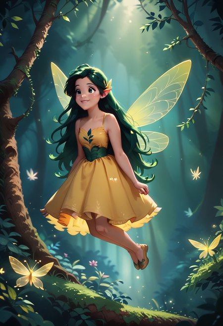 score_9, score_8_up, score_7_up,  masterpiece, high quality, a girl flying through a magical forest, cute, black long hair, yellow dress,Fairy Wings , j_huiben