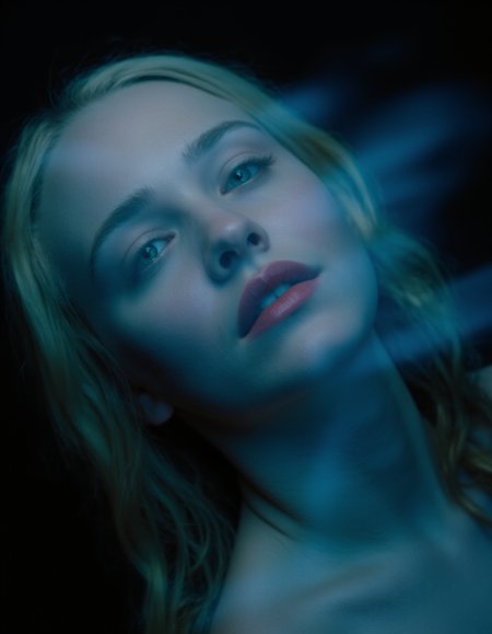 music album cover of a blurry image of a women, blonde hair, red lips, motion blue, black background,  <lora:CinematicStyleFlux_v1:1>