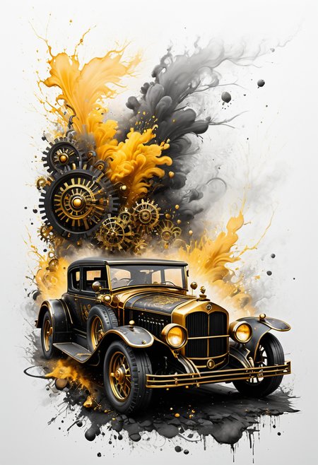 Logo on (((white background: 1.5))). creating splashes. Science fiction in steampunk style. Atmospheric haze, Detailed retro steampunk machine with vintage design and intricate gold and black mechanical elements ((gears: 1.4)). The retro car has big fat tires and a powerful, ornate turbo engine mounted on top, adorned with various gears, pipes and brass parts. The overall design combines classic automotive aesthetics with a steampunk fantasy car. An explosion of golden ((smoky: 1.3)) liquid in the form of paint splatters surrounds the car, creating a dynamic and energetic scene. The background is pure white, highlighting the bright details and metallic texture of the car. The scene is a mixture of retro and fantasy, capturing the essence of steampunk art