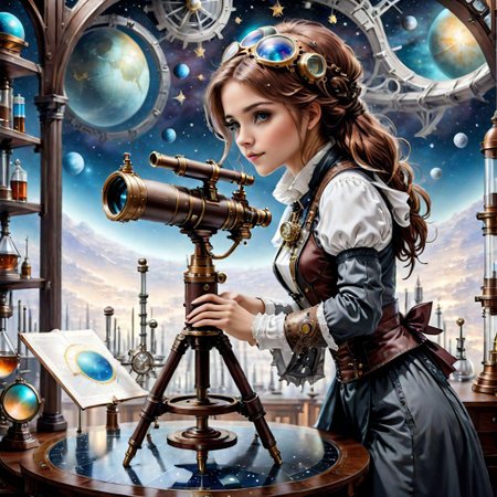 A steampunk-style telescope stands on a table in the laboratory,beautiful cute girl looking through a telescope, star map,